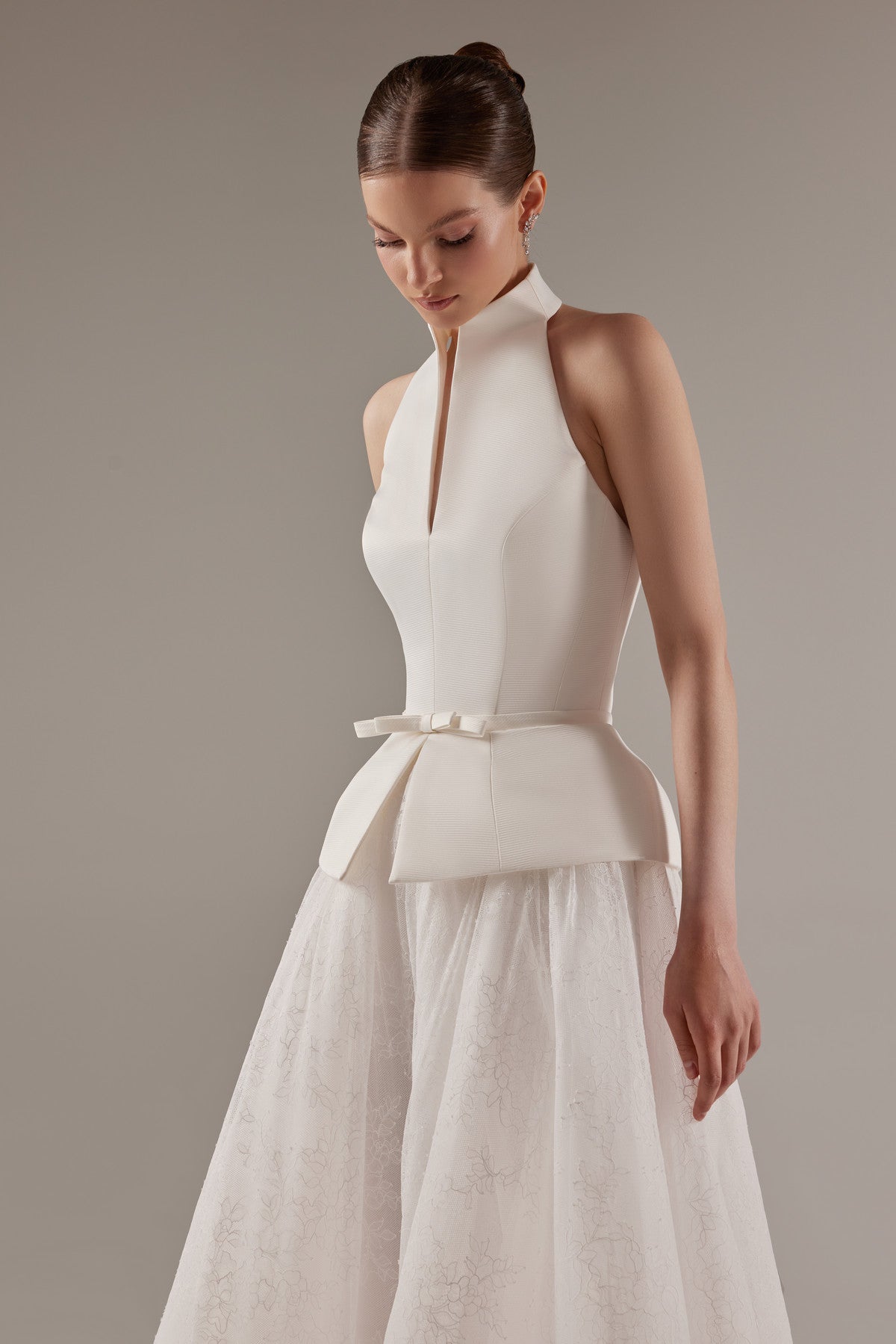 Modern Lace Wedding Dress Salma | Tea Piece Bridal Gown with Peplum Co Modern Lace Wedding Dress Salma | Tea Piece Bridal Gown with Peplum Co