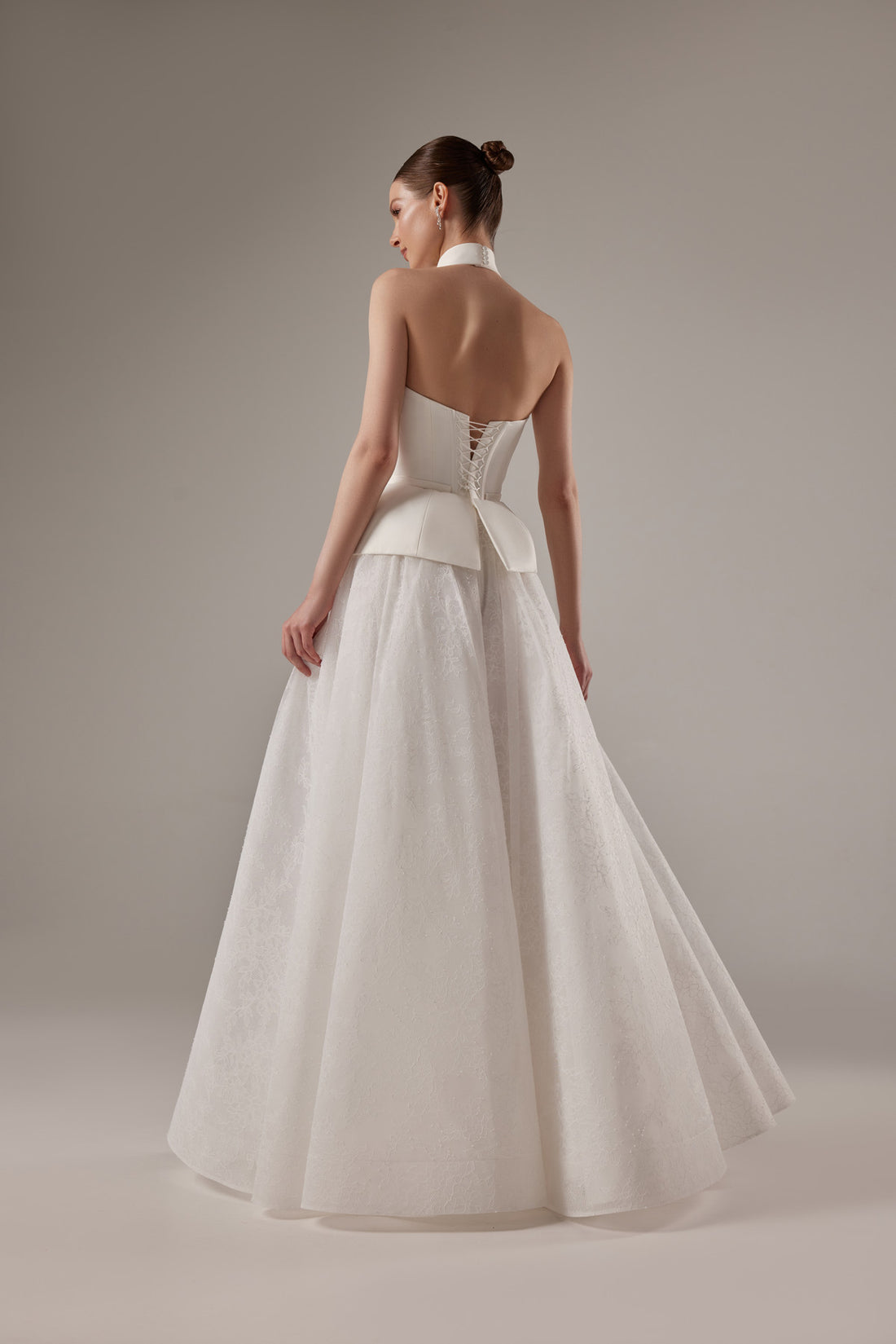 Modern Lace Wedding Dress Salma | Tea Piece Bridal Gown with Peplum Corset and A-line Skirt