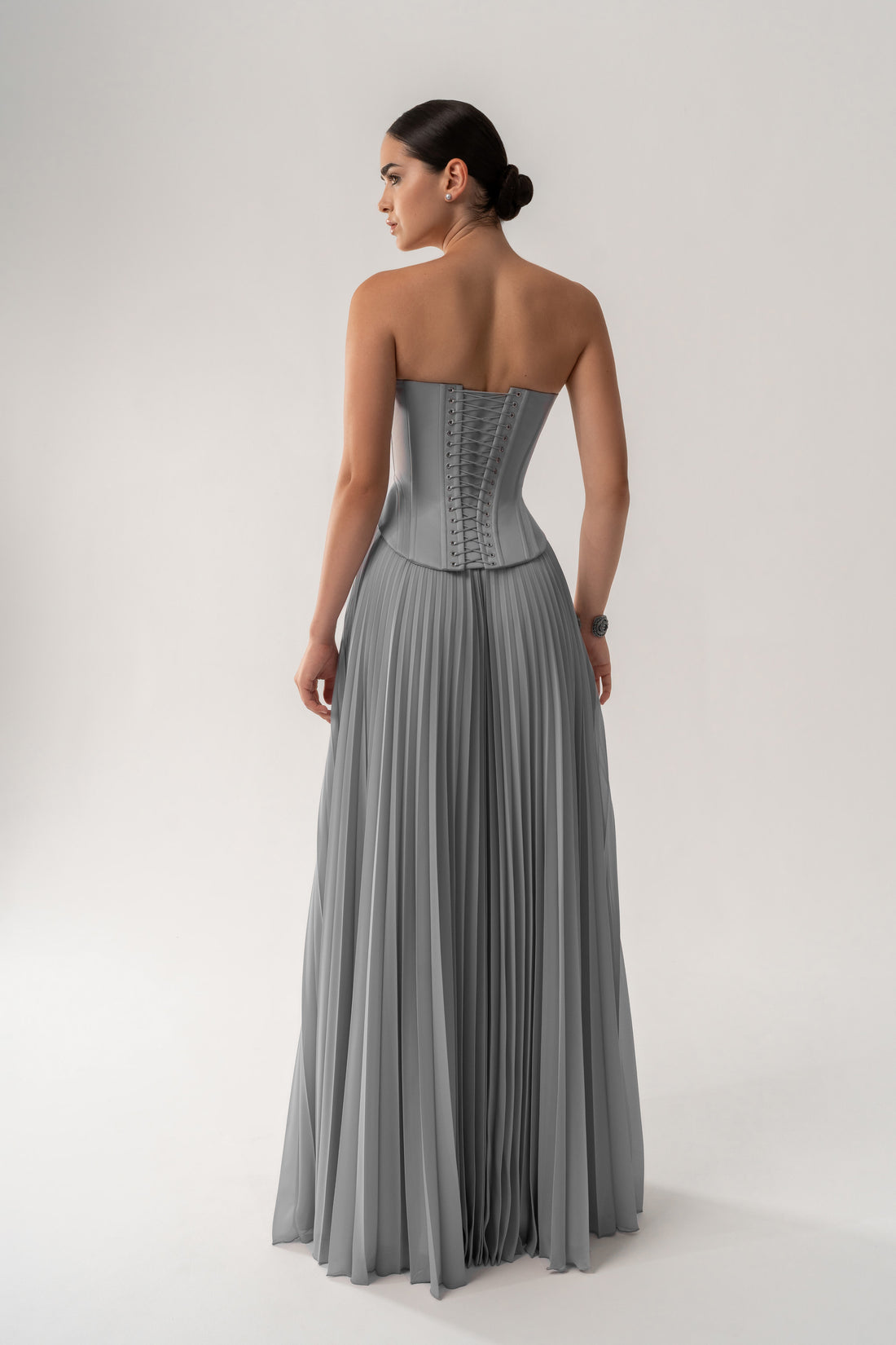 Avant-Garde Pleated Grey Two-Piece Wedding Dress Ellora | Strapless Basque Waist Corset Bridal Gown
