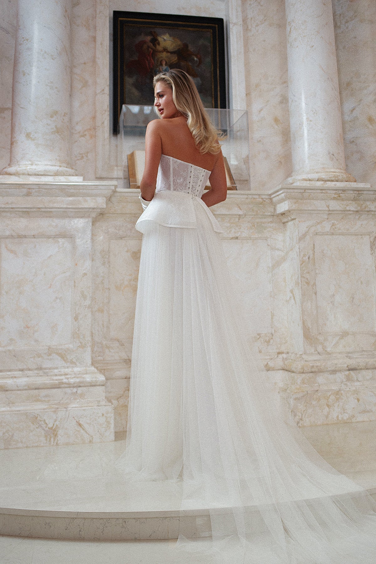 corset and skirt wedding dress Strapless Tulle A-Line Wedding Dress with Beaded Corset Layered Skirt 8