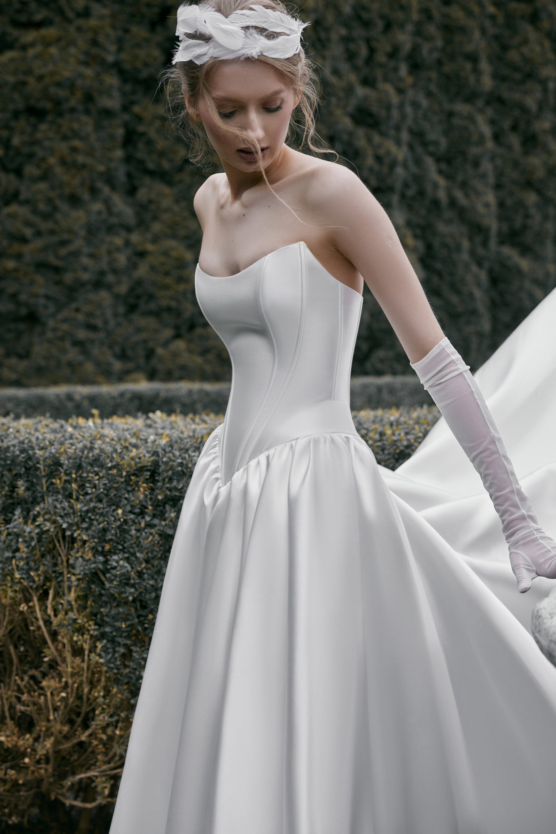 Strapless Drop Waist Mikado Wedding Dress Faith with Cathedral train