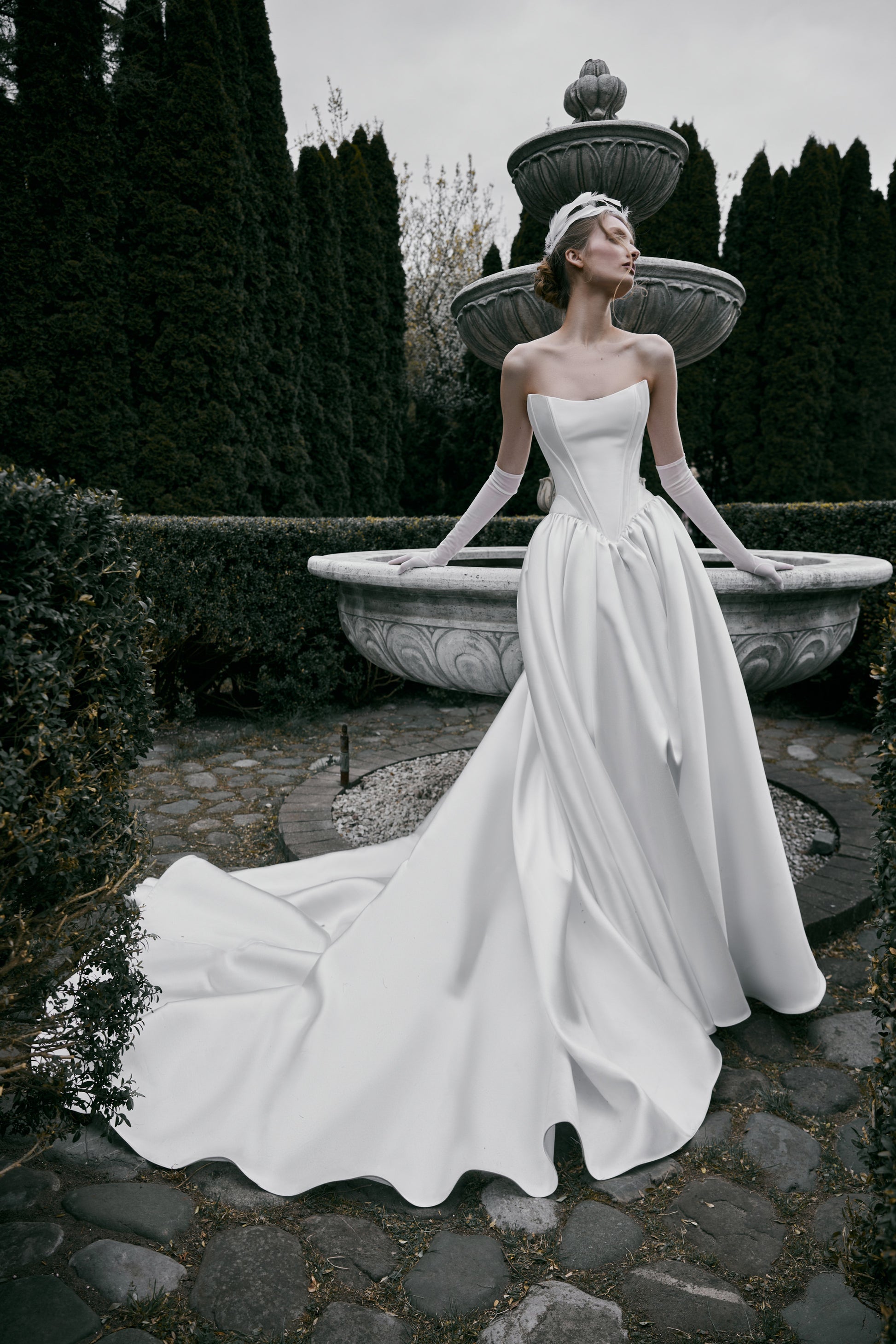 Strapless Drop Waist Mikado Wedding Dress Faith with Cathedral train Strapless Drop Waist Mikado Wedding Dress Faith with Cathedral train