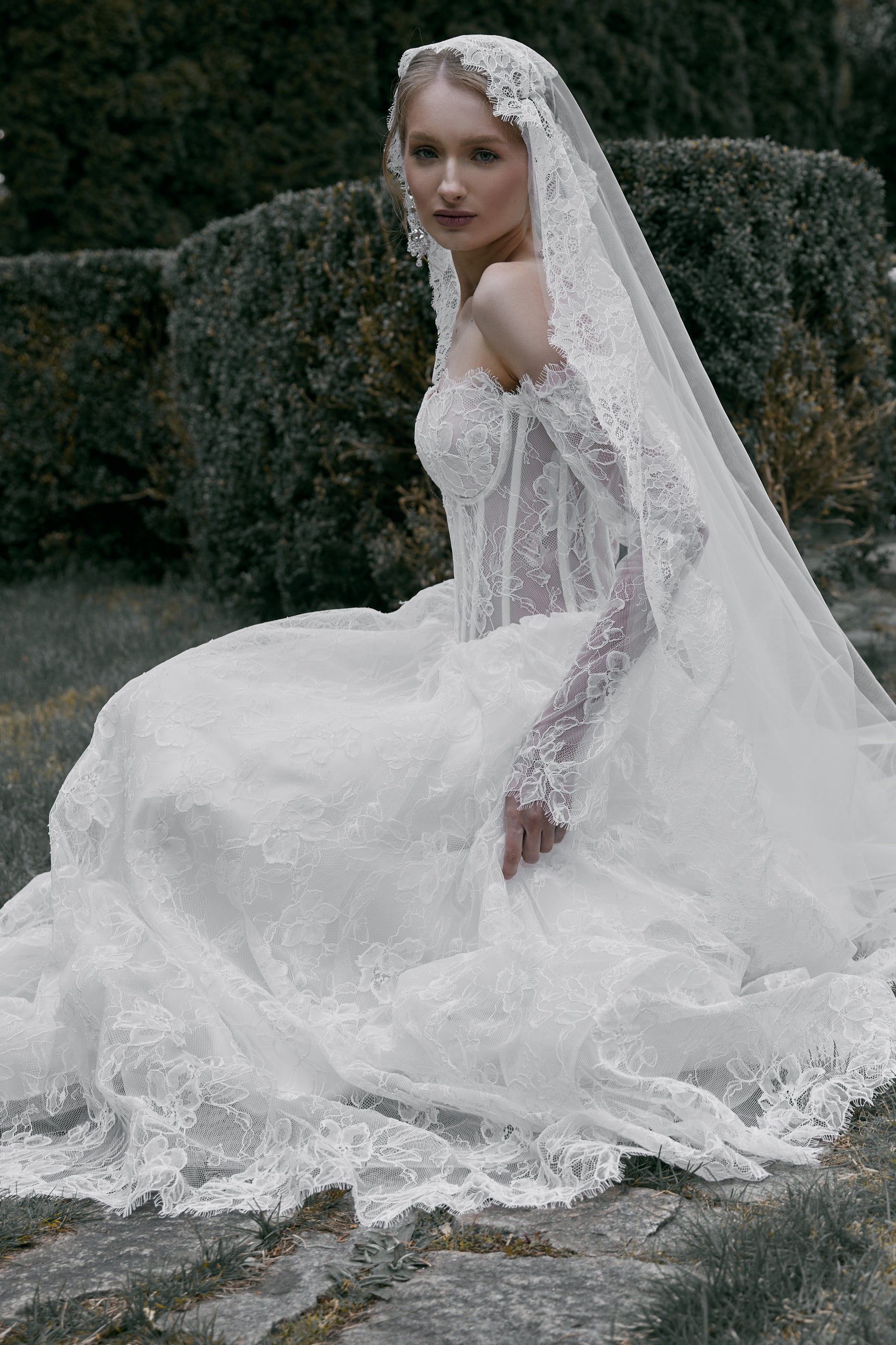 long sleeve lace wedding dress with veil Blake Wedding Dress by Grace + Ivory