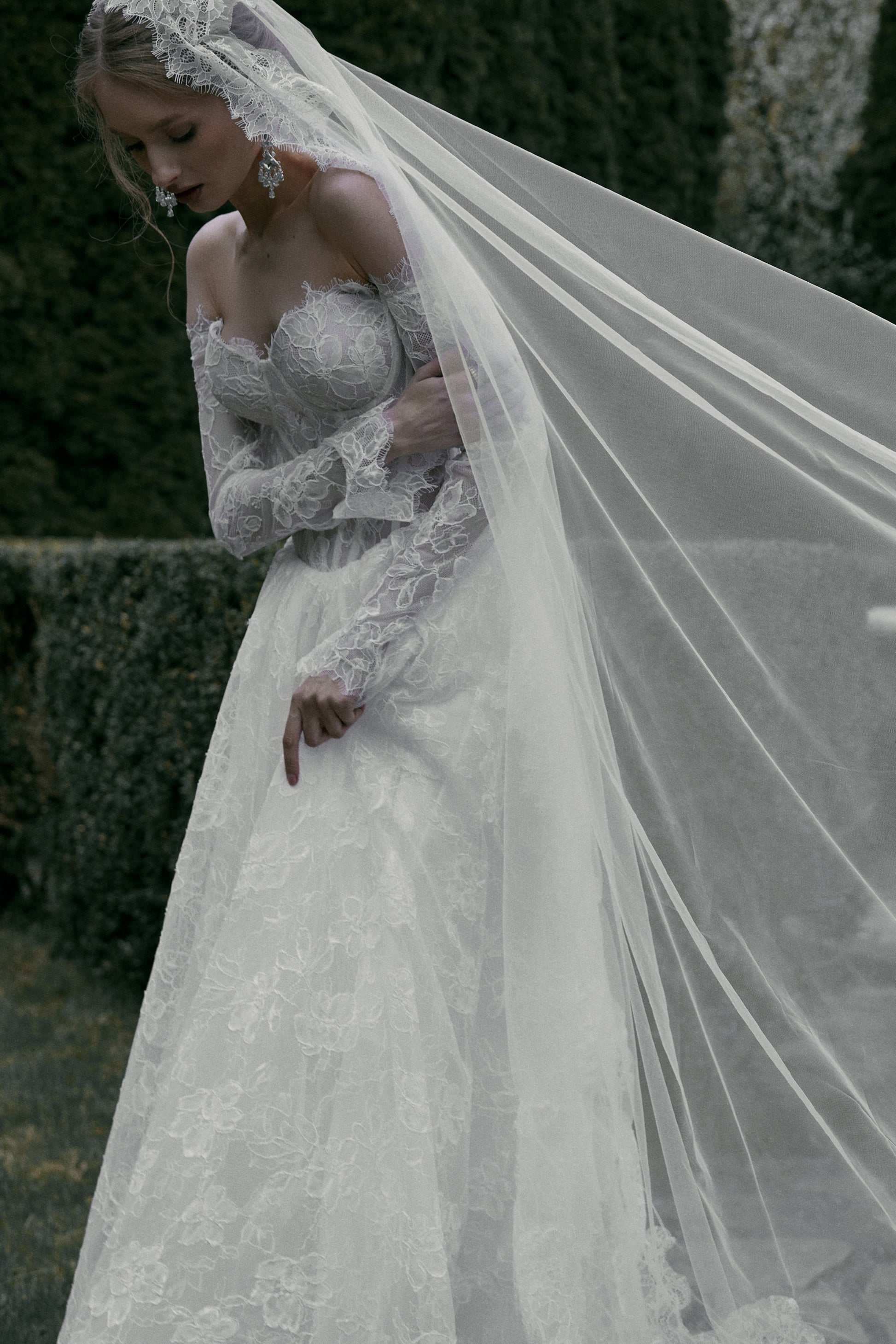 long sleeve lace wedding dress with veil Morilee "Delia" High Neck Long-Sleeve Lace Ballgown