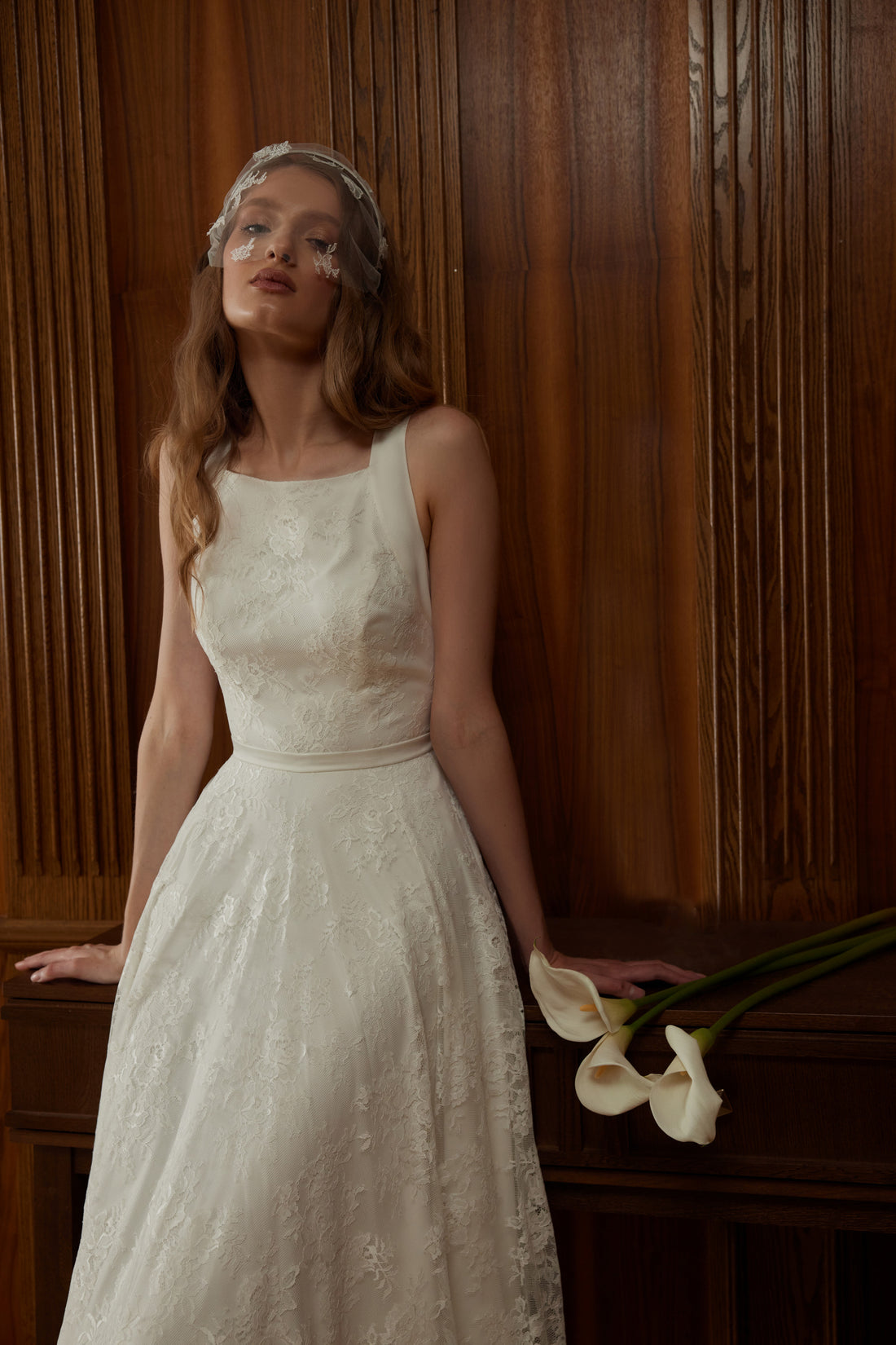 A-Line Lace High Neck Wedding Dress Selbie with Open V-Back