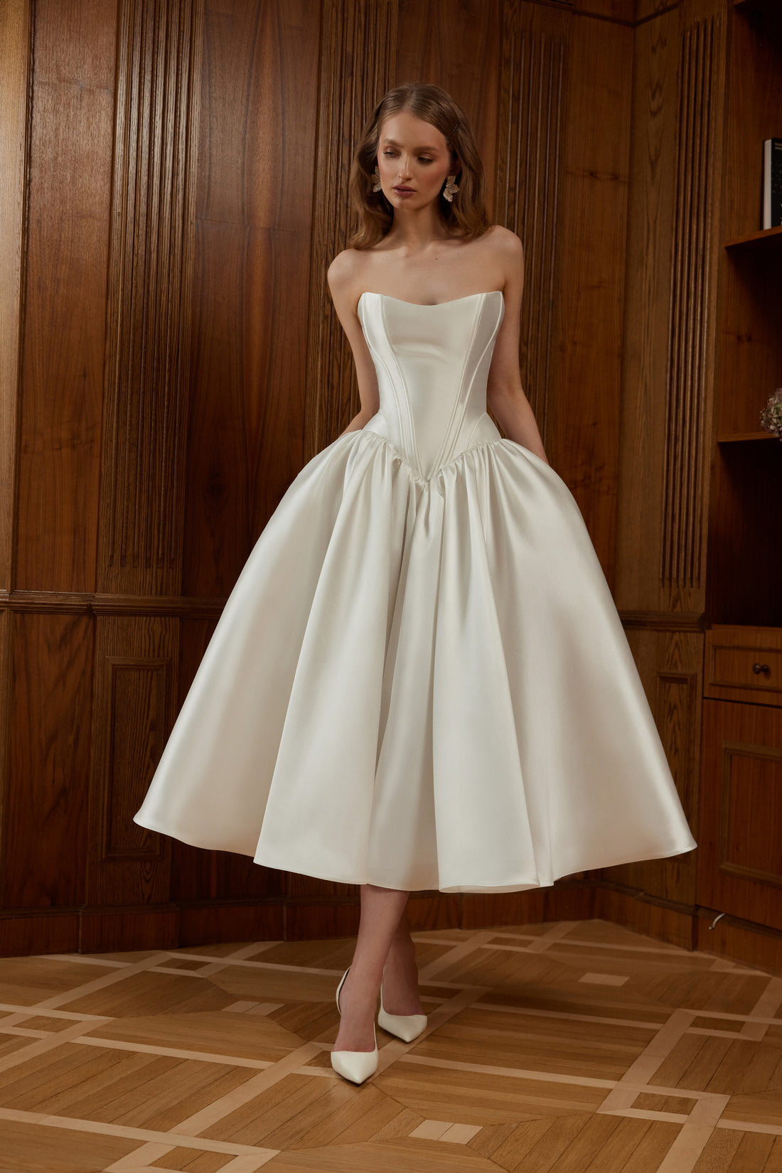 Midi Mikado Corset Wedding Dress Faith | Civil Strapless Drop Waist Dress with Lace-Up Back