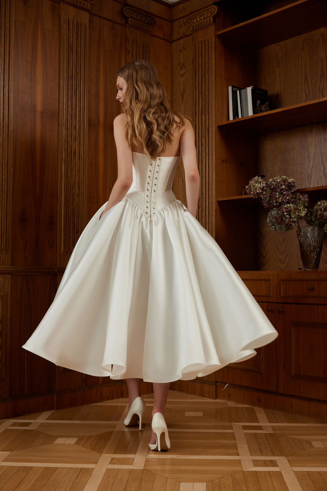 Midi Mikado Corset Wedding Dress Faith | Civil Strapless Drop Waist Dress with Lace-Up Back