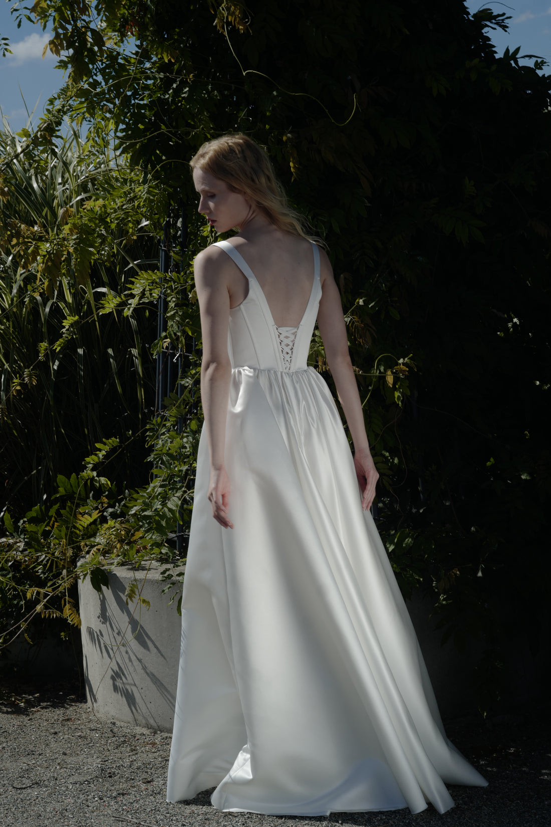 Minimalist Satin Ball Gown Wedding Dress | Structured Corset Bridal Gown with Thick Straps & Basque Waist