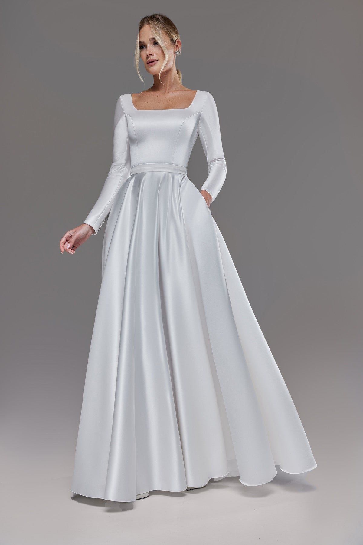 Classy Satin Wedding Dress With Long Sleeves Elizabeth