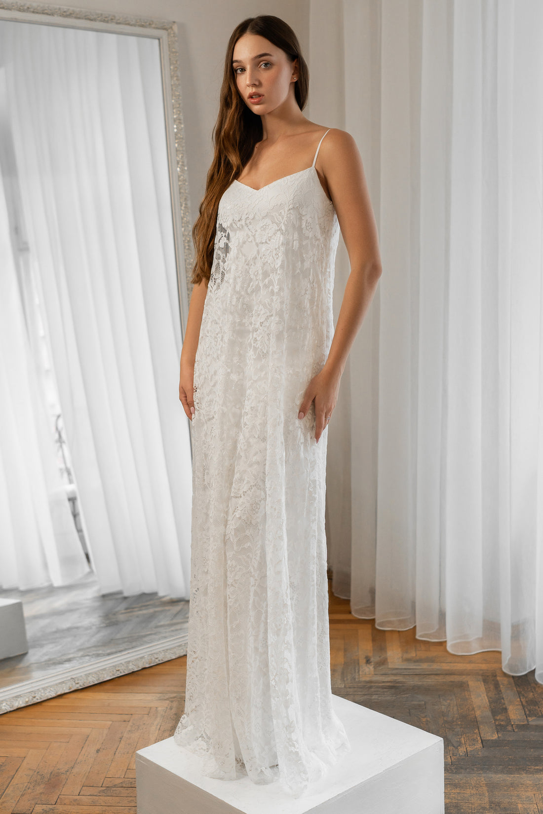 Vintage Lace Slip Wedding Dress with V-Neckline and Delicate Spaghetti Straps