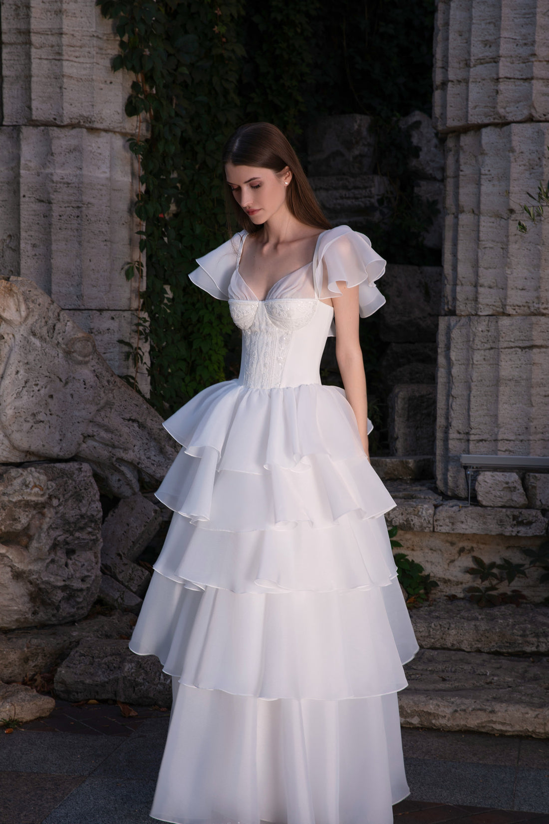Bridal Organza A-line Gown Cvit With Ruffled Sleeves