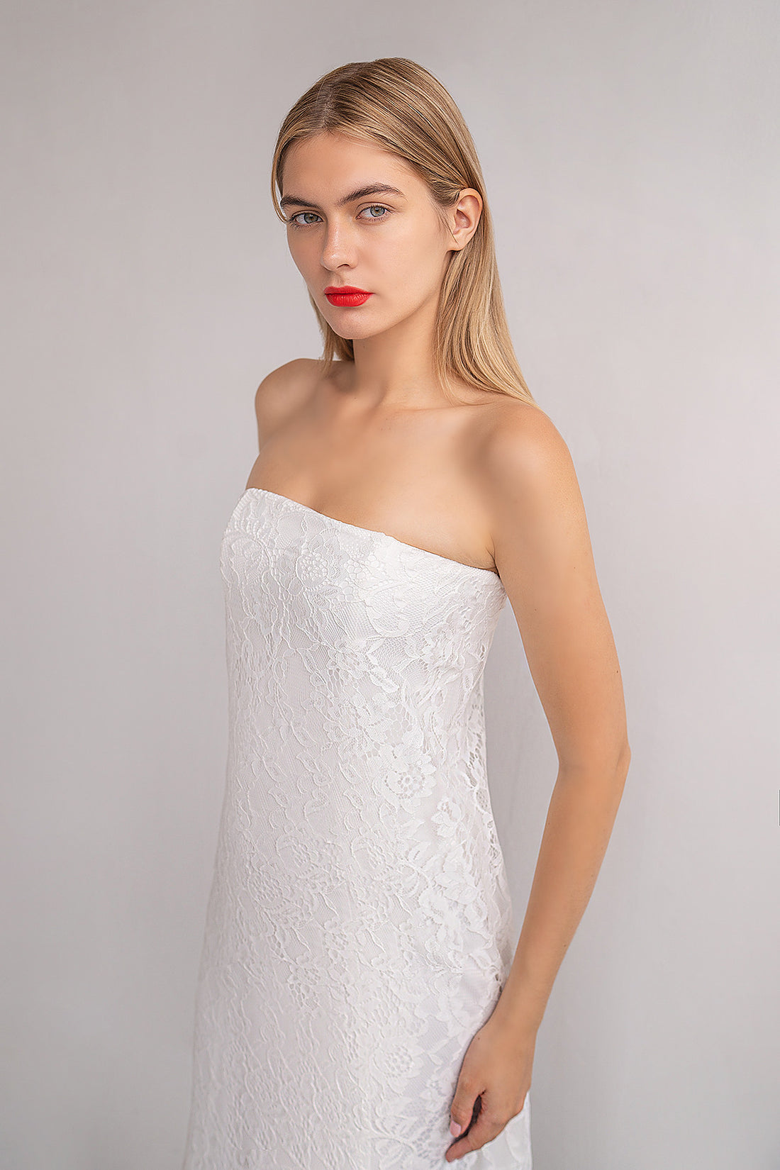 Strapless Vintage Lace Column Wedding Dress | Minimalist Sheath Bridal Gown, Straight Strapless Neckline