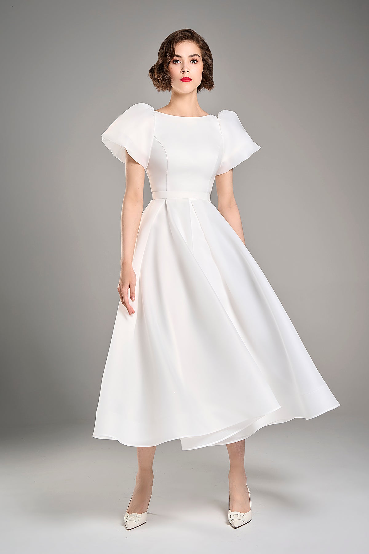 Elegant Midi Satin Elopement Dress Audrey With Short Sleeve Custom (0-12 US, 32-44 EU) / Off-white