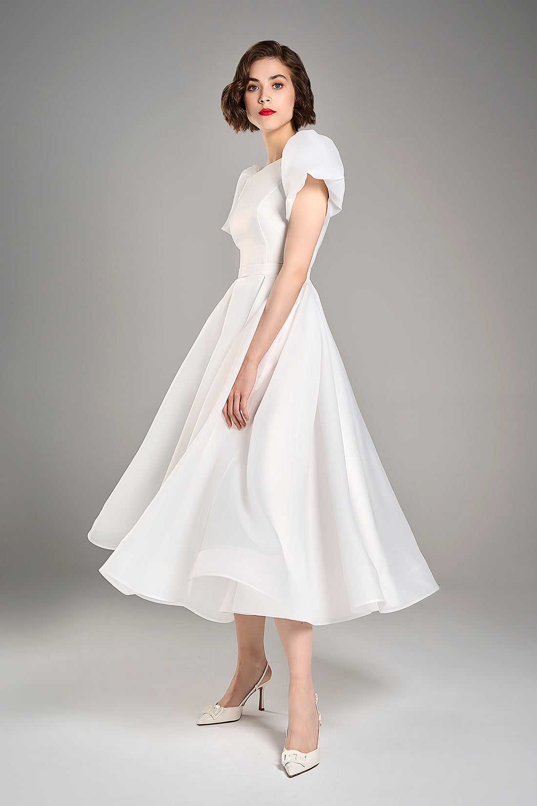 Elegant Midi Satin Bridal Gown Audrey With Short Sleeve