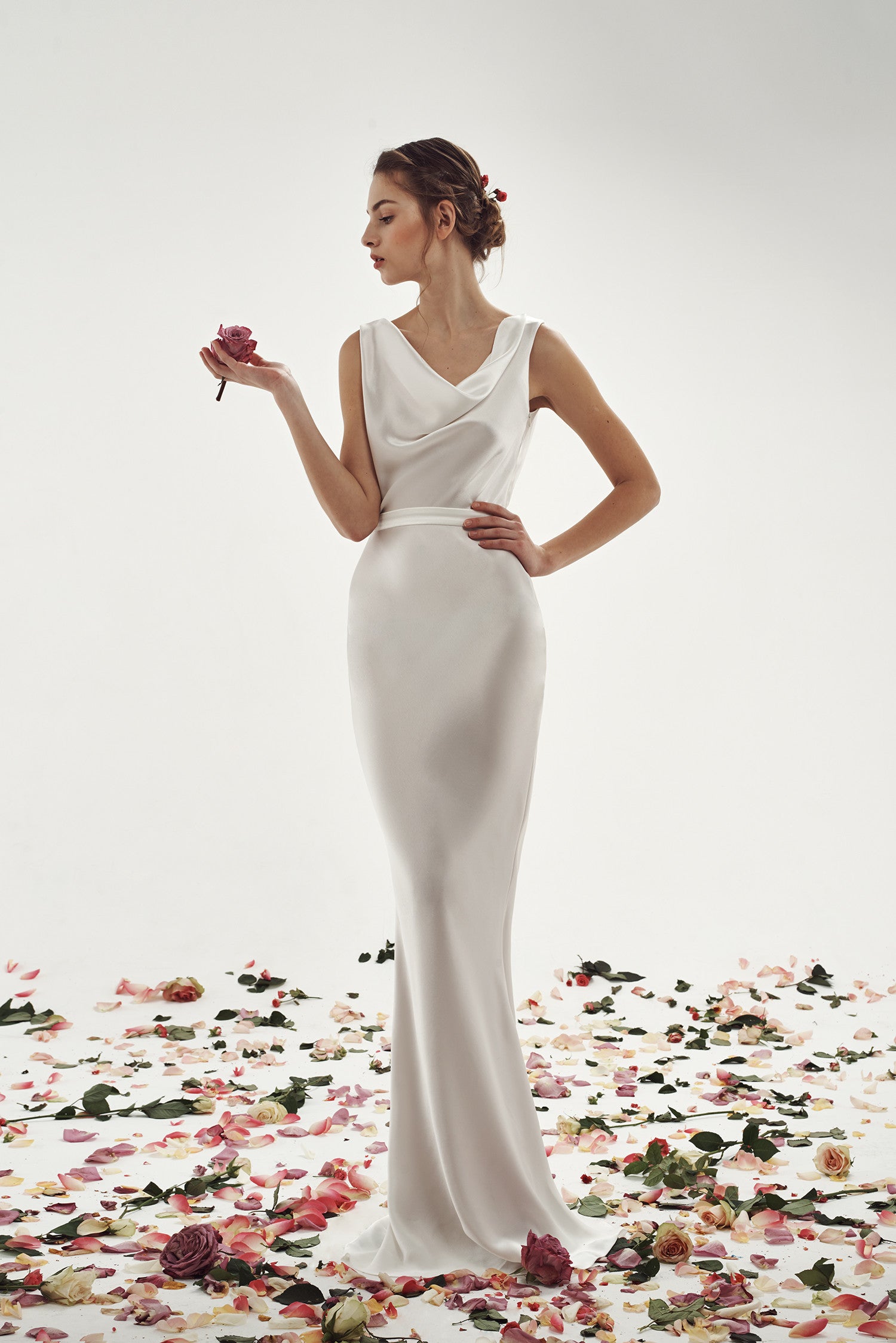 Satin Cowl Neck Wedding Dress Jillian With Chapel Train