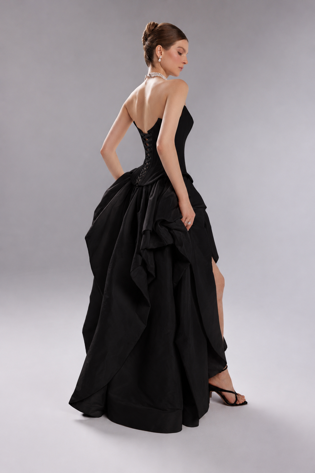 Black Ruffled Taffeta Corset Gown with Strapless Cat-Eye Neckline| Sonara