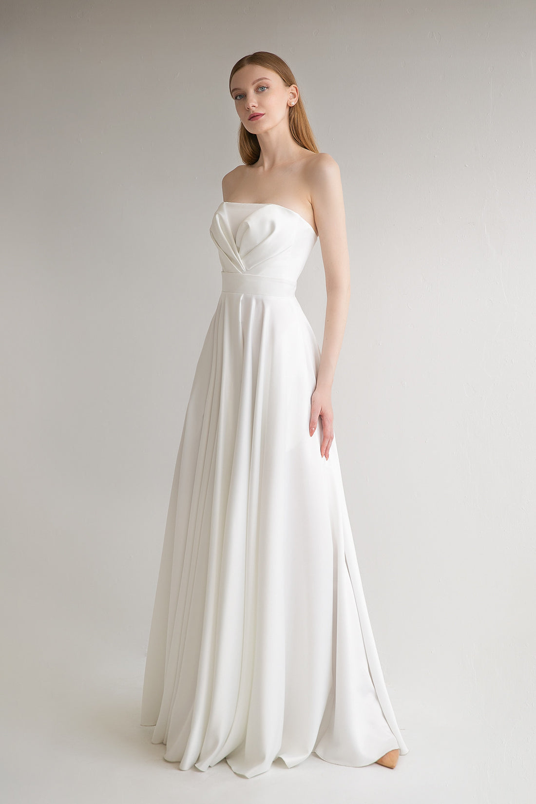 Elegant Satin Strapless A-line Wedding Dress Brooke with High Leg Slit