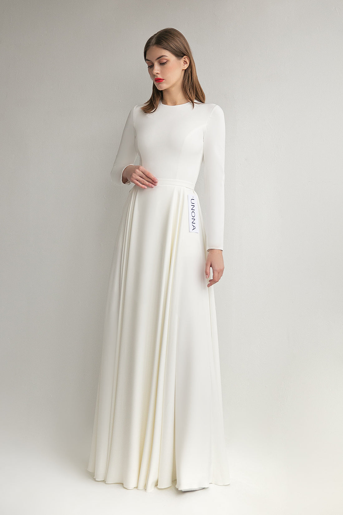 Minimalist Crepe Modest A-line Long Sleeve Wedding Dress Debora