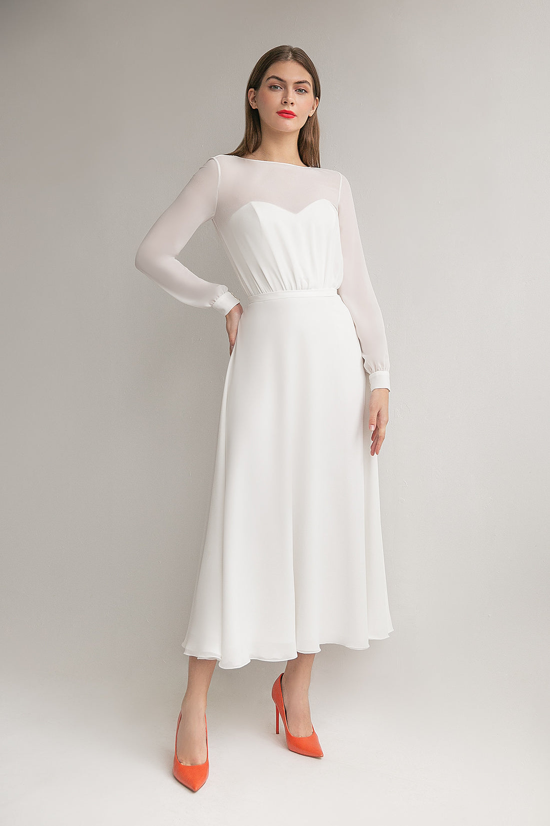 Modest Long Sleeve Chiffon Midi Wedding Dress Vivian