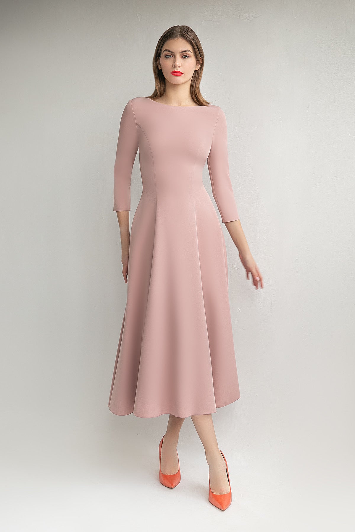 Crepe Modest Tea Length High Neck Formal Dress Stacy With Half Sleeve 2 US (34 EU) / Black