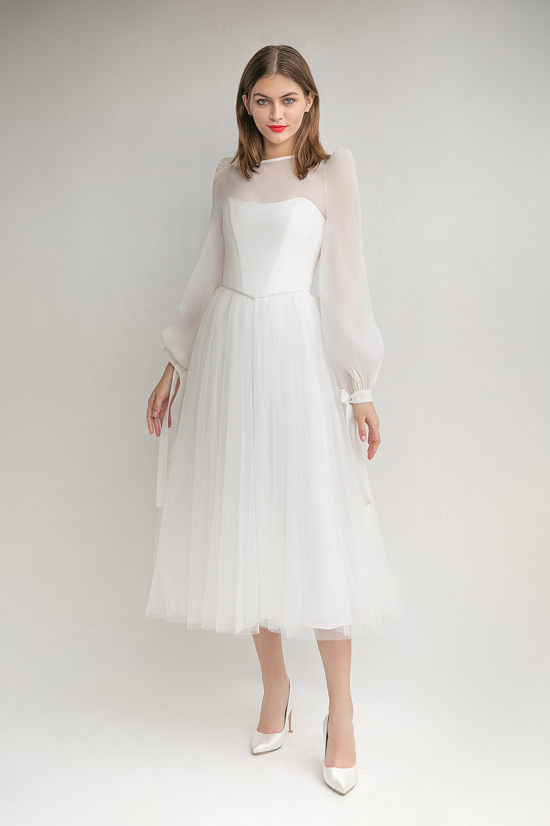 A-line Midi Wedding Dress Adele With Long Sleeves and Lace-up Corset