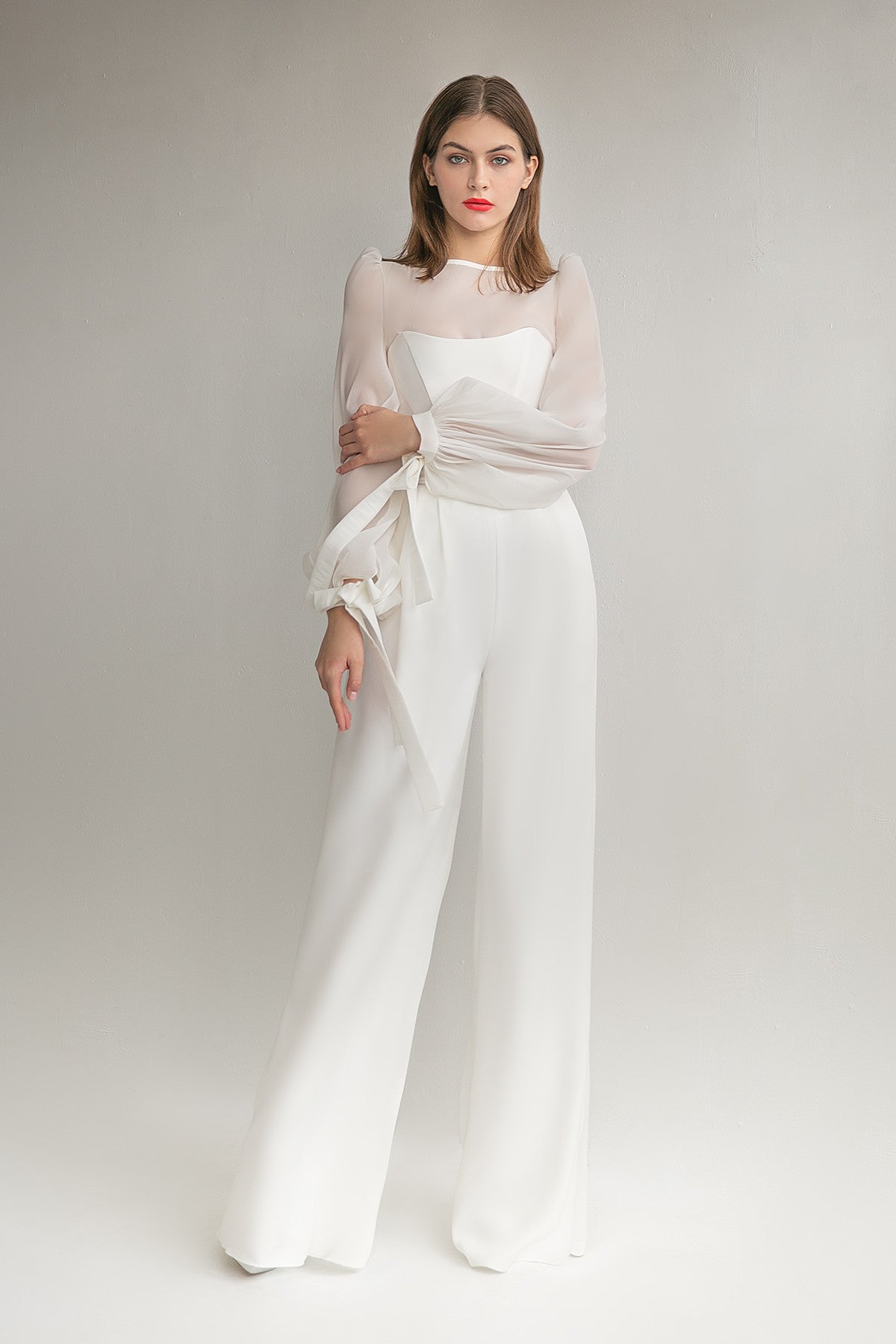 Unona Modern Bridal Outfit Wedding Suit with Palazzo Pants and Sleeves