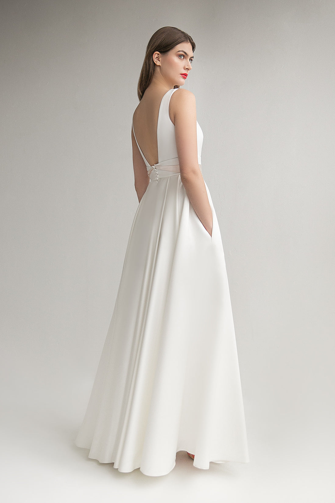Satin Open Back Wedding Dress Goldie with Boat Neckline