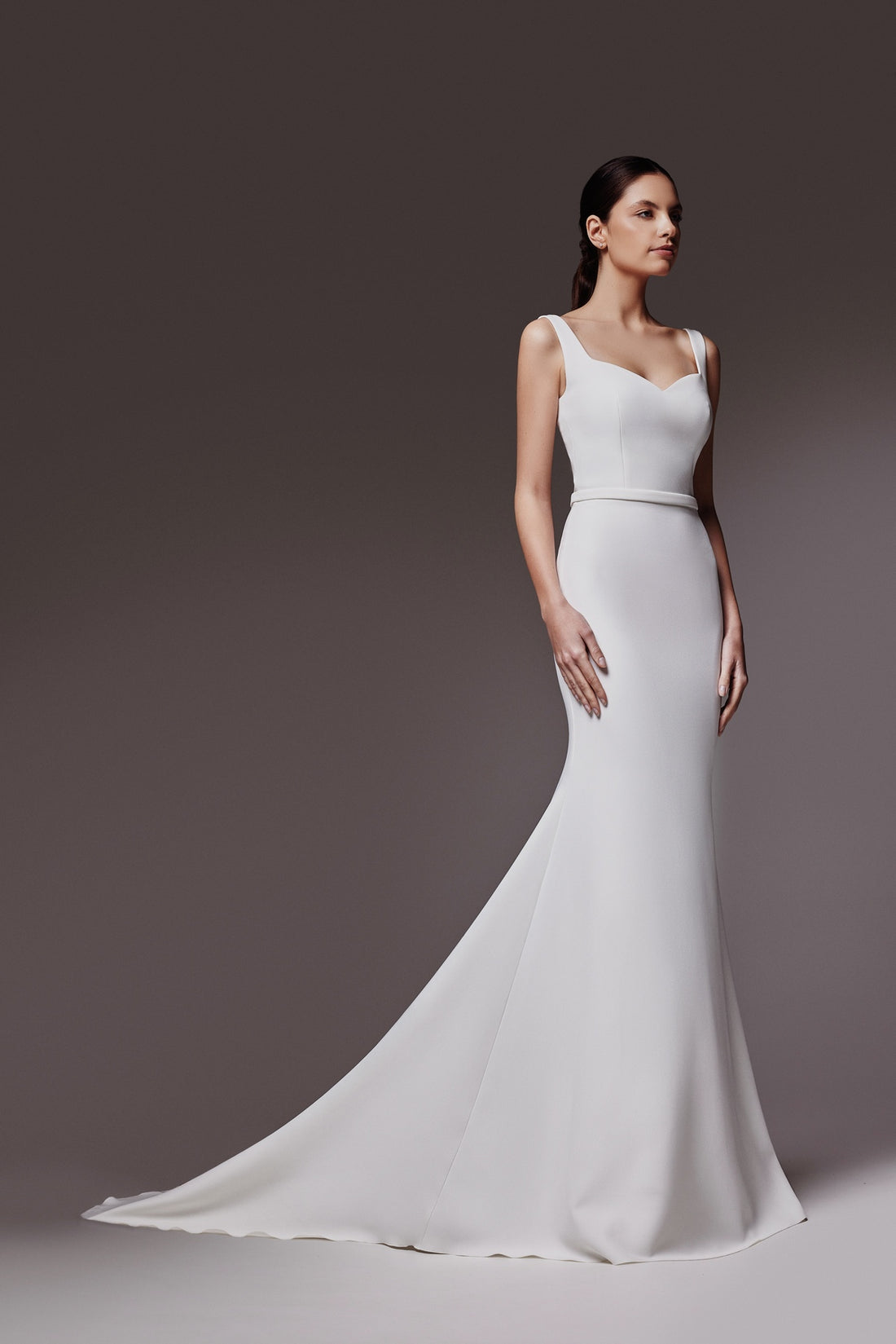 Crepe Fit & Flare Silhouette Wedding Dress With Long Train Justina