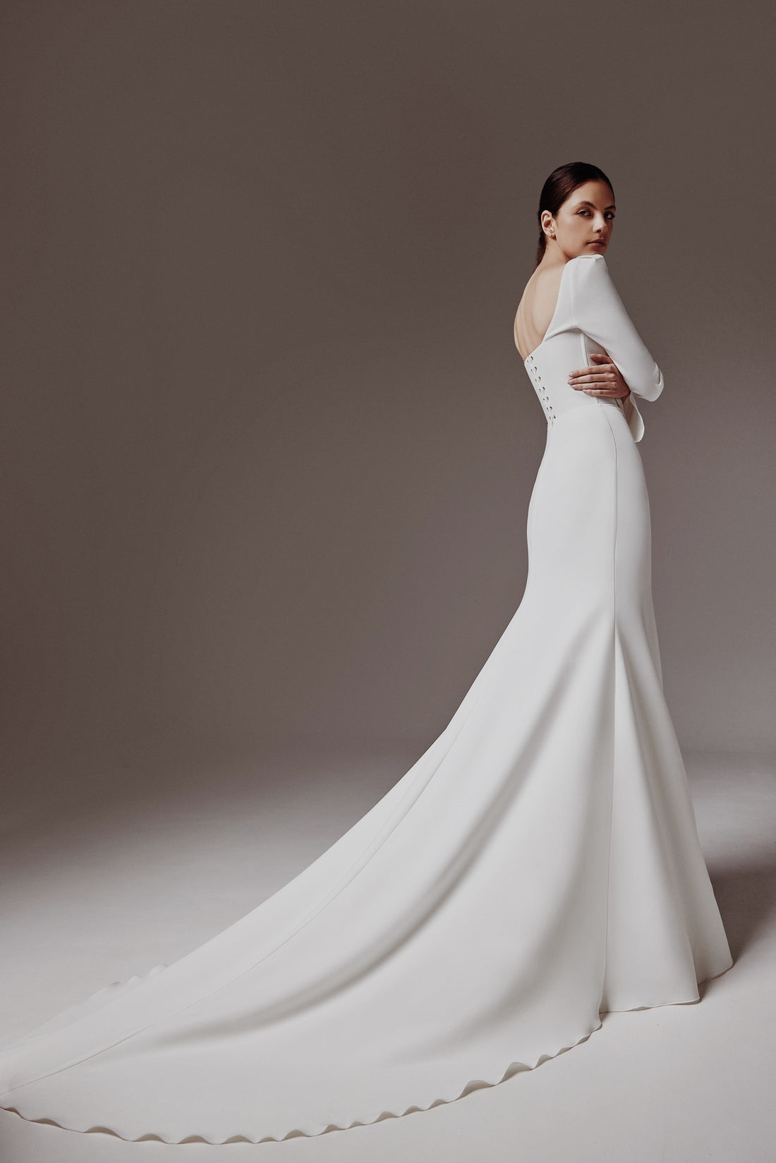 Crepe Fit & Flare Silhouette Wedding Dress With Long Long Sleeves Roksolana