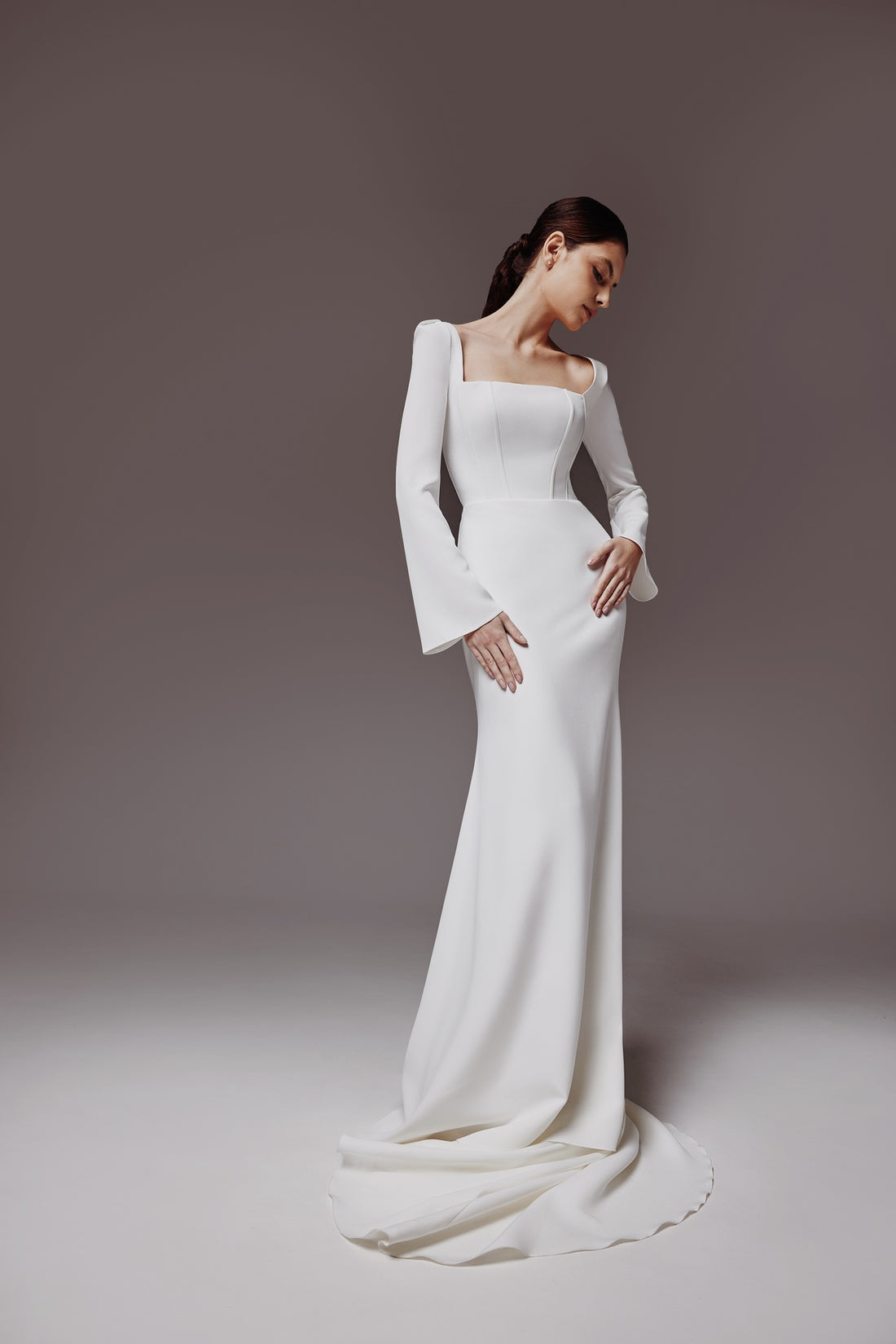 Crepe Fit & Flare Silhouette Wedding Dress With Long Long Sleeves Roksolana