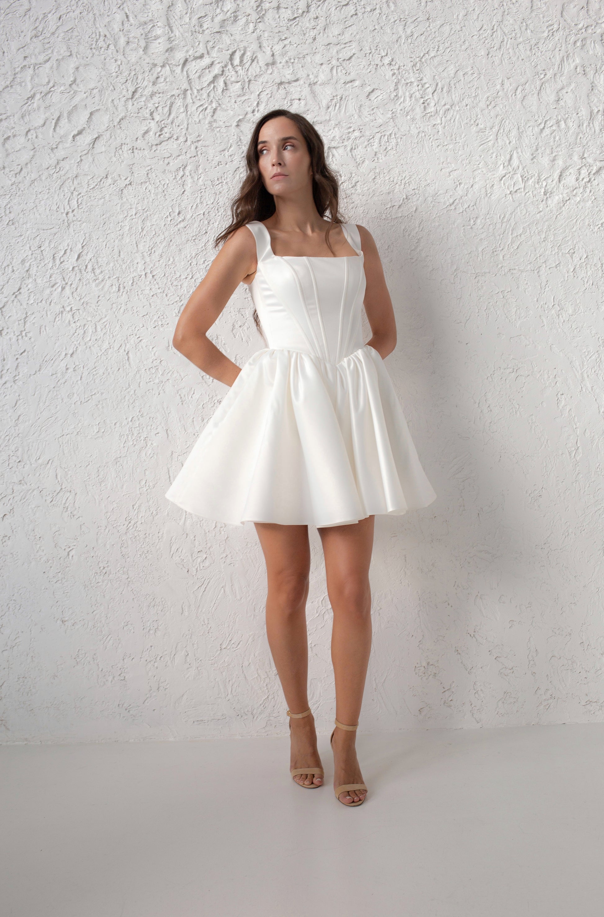 basque waist dress short Satin Mini Wedding Dress with Basque Waist 2 / Vintage Ivory