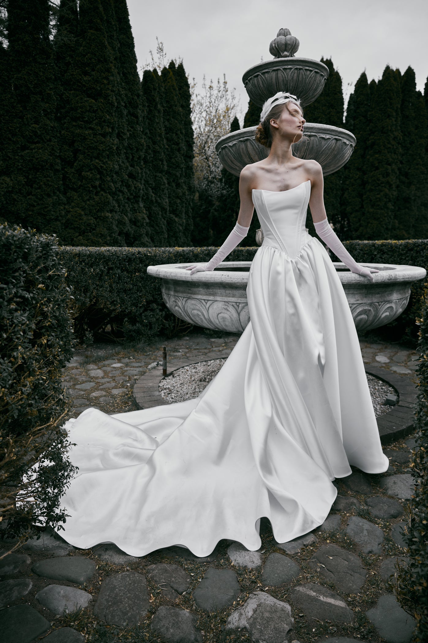 mikado a-line wedding dress with removable train Mikado A-Line Wedding Dress with Reverse Sweetheart Neckline, Drop-down waist & Chapel Train 8