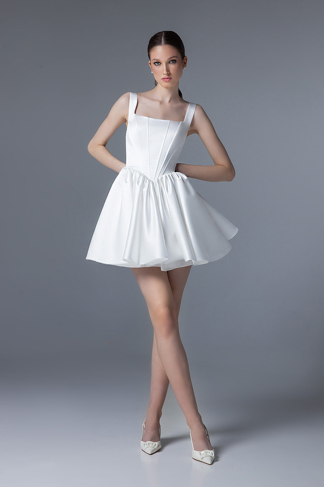 Short Satin Dress With Basque Waist And Square Neck Casia Mini