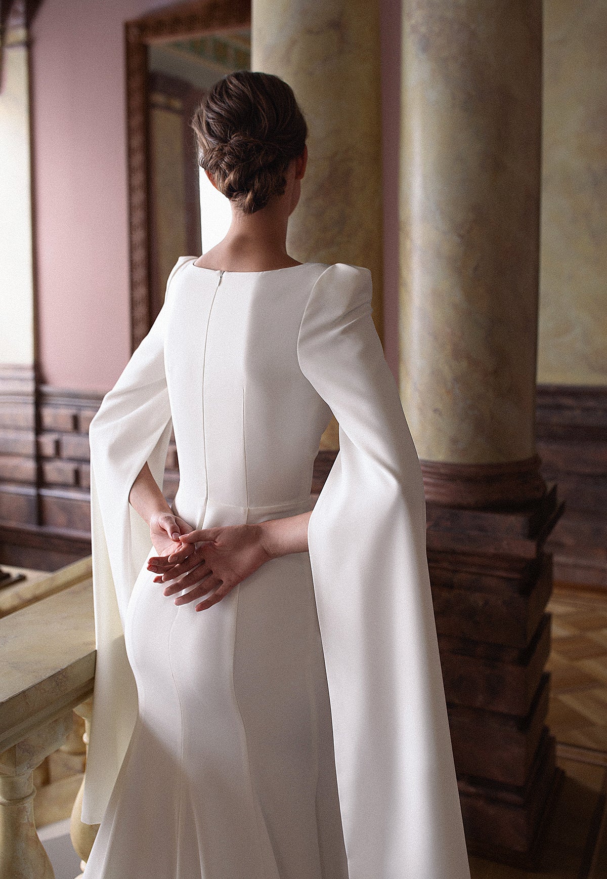 Crepe fit & flare wedding dress with long cape sleeve Ashlee-1 Ready to Ship / Ivory / 4 US (36 EU) Crepe fit & flare wedding dress with long cape sleeve Ashlee-1 Ready to Ship / Ivory / 4 US (36 EU)