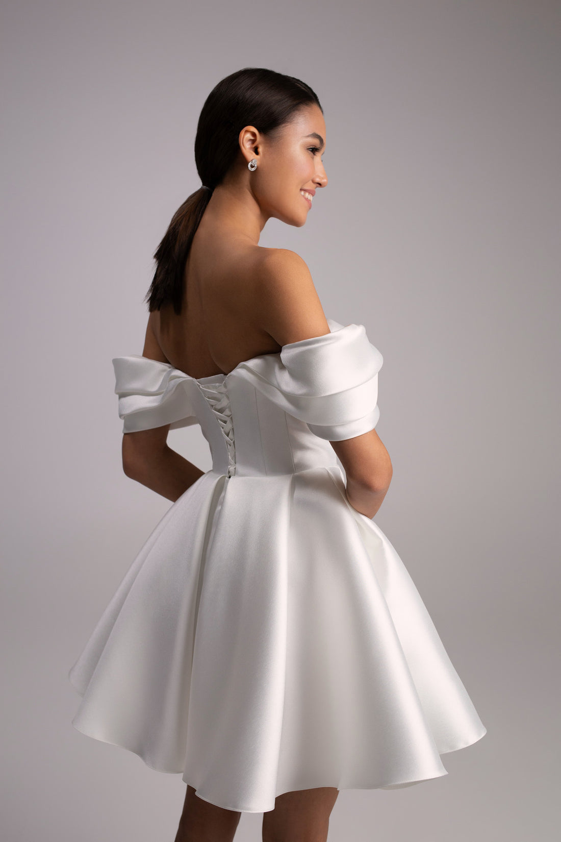 White Mikado Off-Shoulder Short Wedding Dress Fly | Corset Bridal Mini Dress