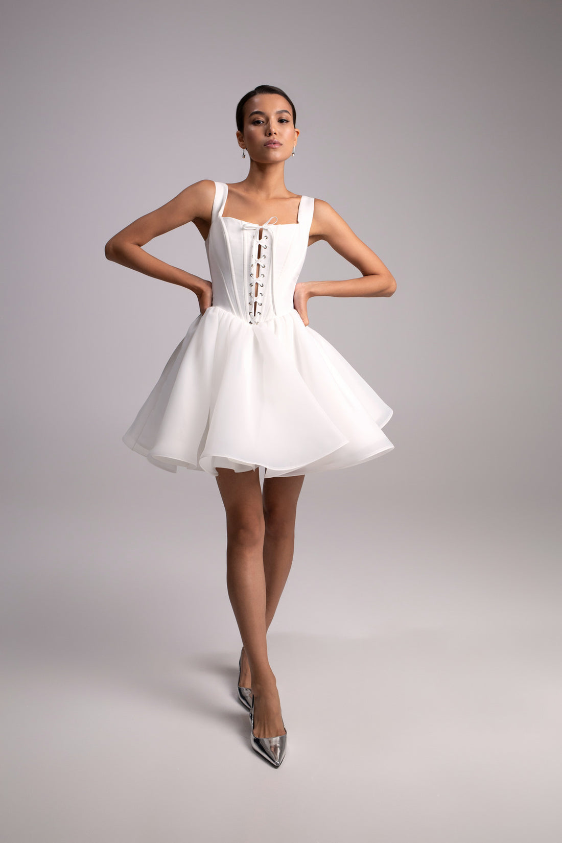 Short Organza Dress With Basque Waist And Square Neck ROSE MINI