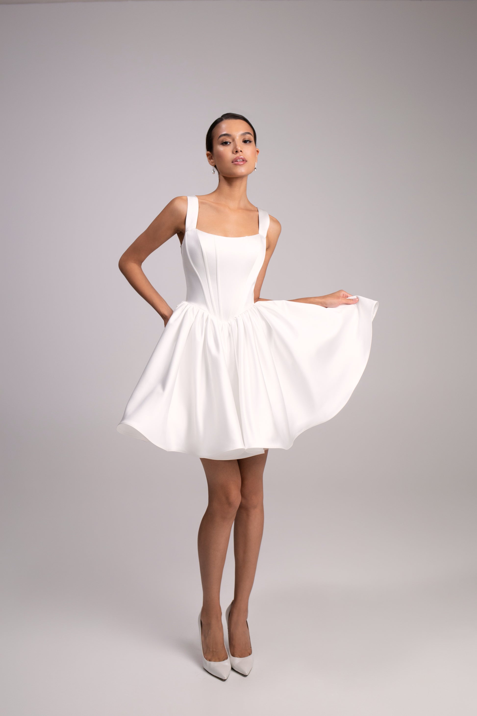 Short Satin Dress with Basque Waist and Square Neck Casia Mini Custom (14-18 US, 46-50 EU) / Ivory Short Satin Dress with Basque Waist and Square Neck Casia Mini Custom (14-18 US, 46-50 EU) / Ivory