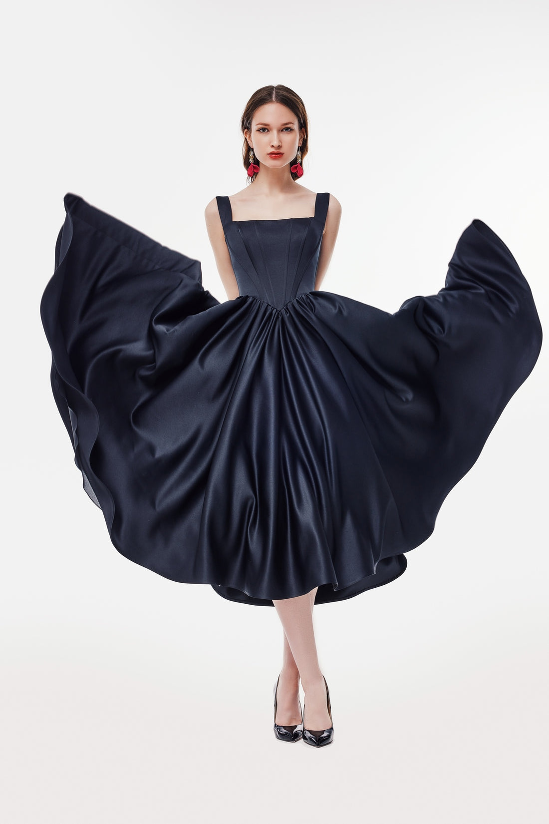 Black Satin A-line Tea Length Dress Casia
