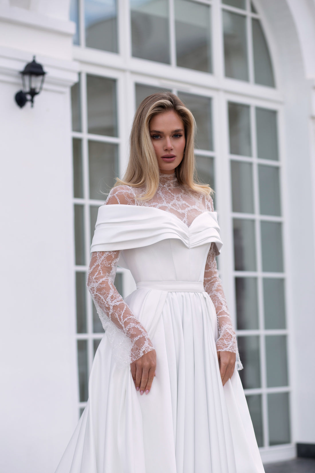 Elegant Satin A-Line Long Sleeve Wedding Dress Alberta-1 with High Lace Neck