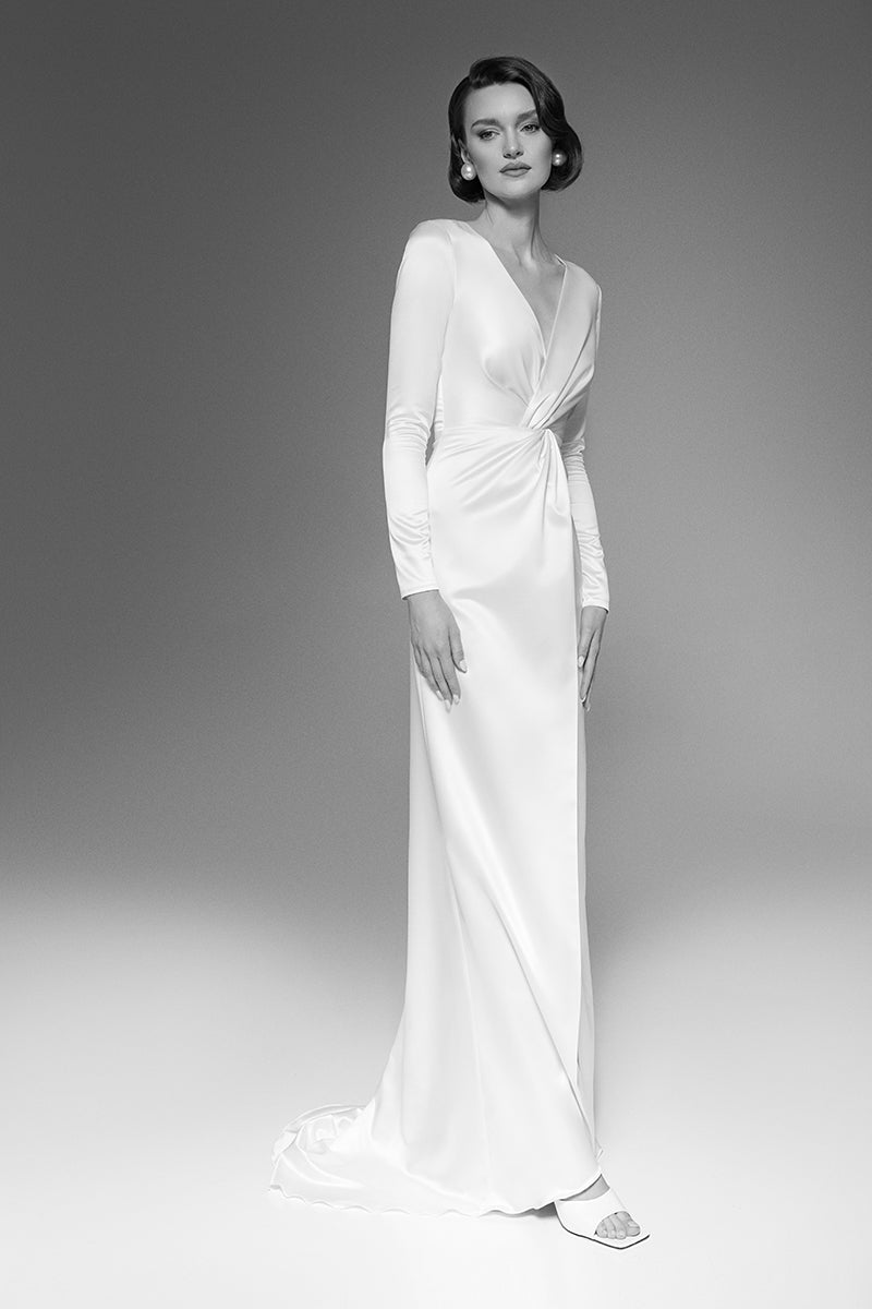 Pure Silk Long Sleeve Wedding Dress | Minimalist Column Bridal Gown with High Split -  Patricia