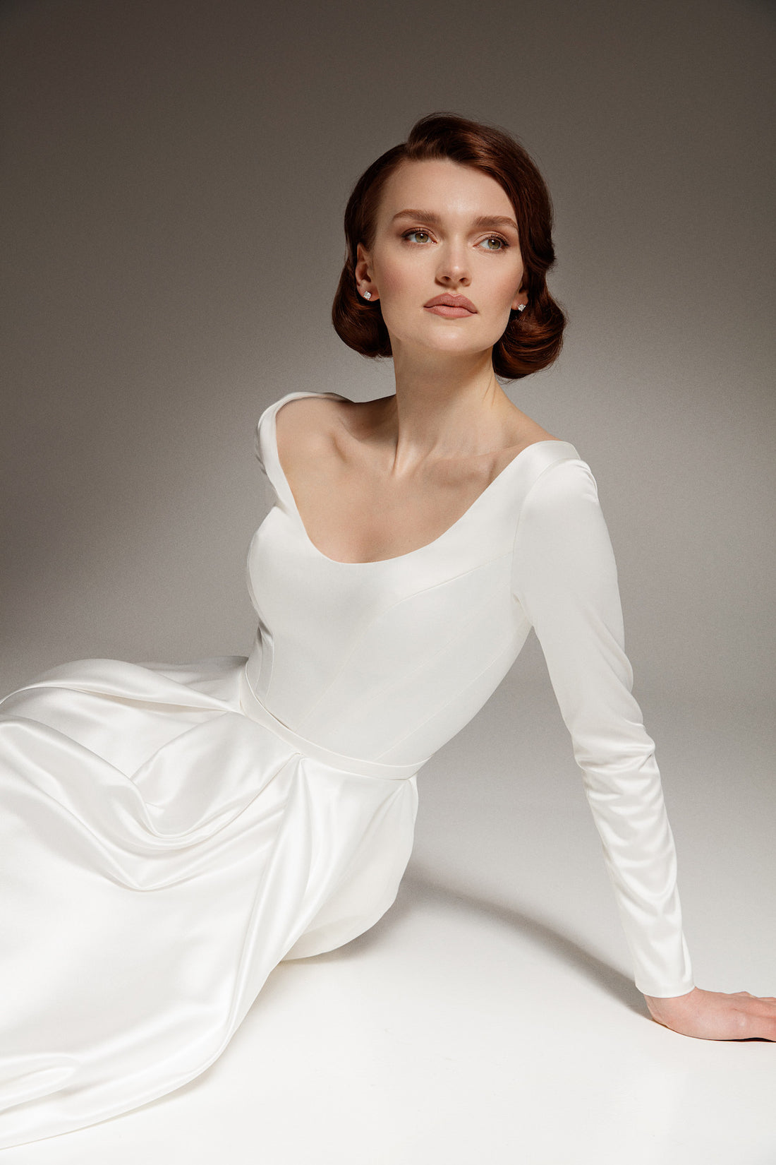 Elegant Long Sleeve Satin A-line Wedding Dress Beck with Scoop Neckline