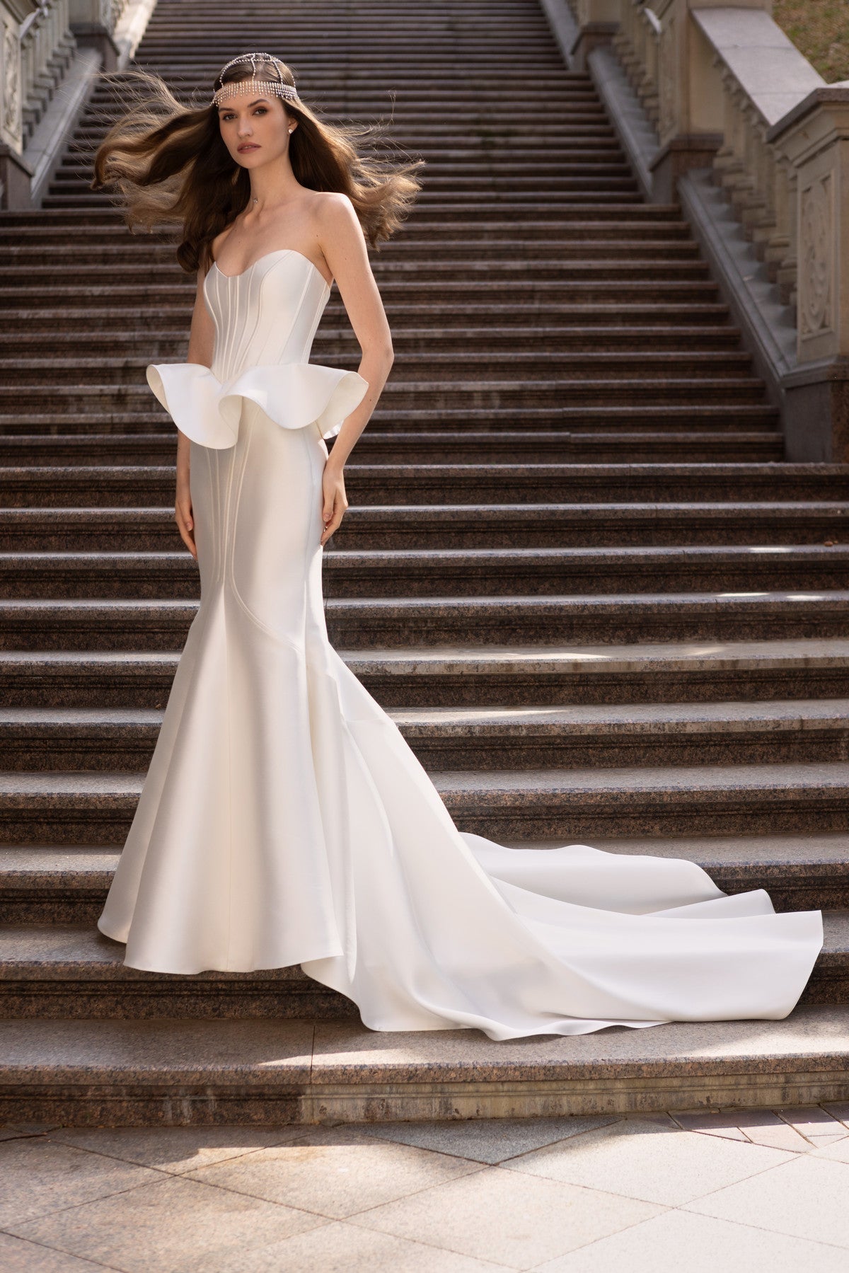 wedding dress peplum 1959 flare silhouette with a strapless cowl neckline and a corset bodice Delicate Lace Tulle Peplum Fitted