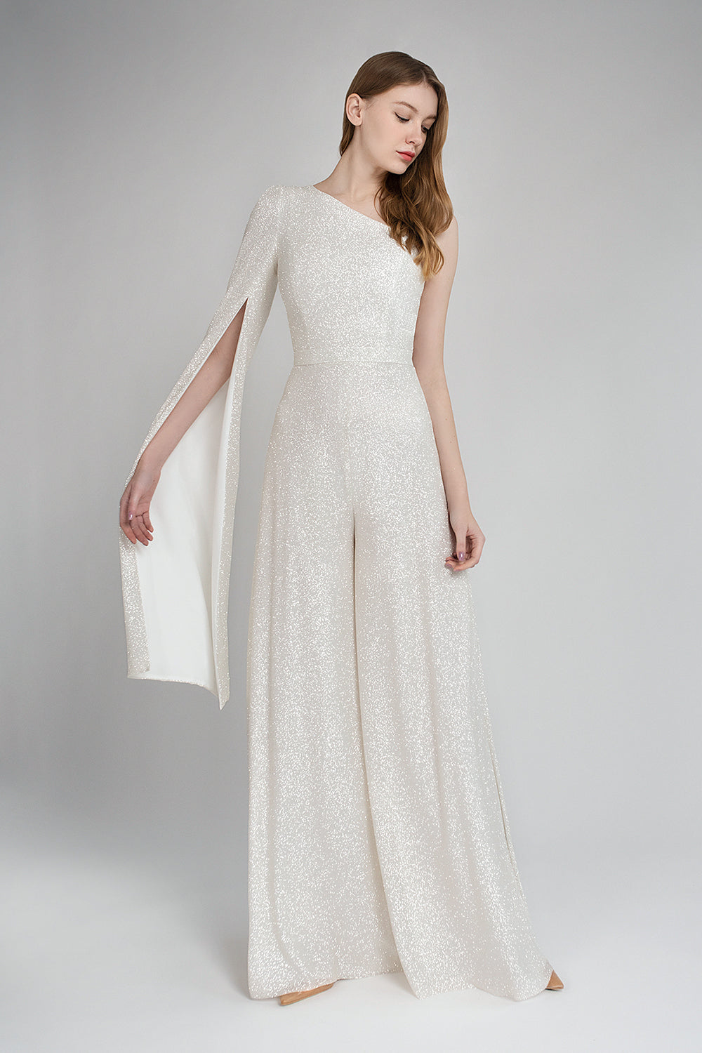 Sparkly Bridal One Shoulder Jumpsuit With Cape Sleeve Siera