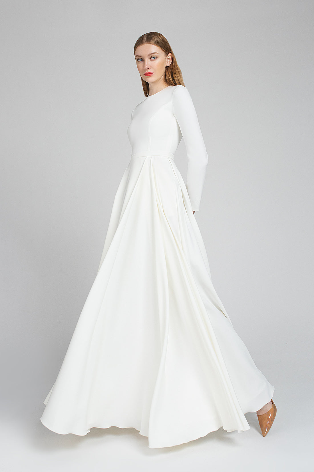 Minimalist Crepe Modest A-line Long Sleeve Wedding Dress Debora