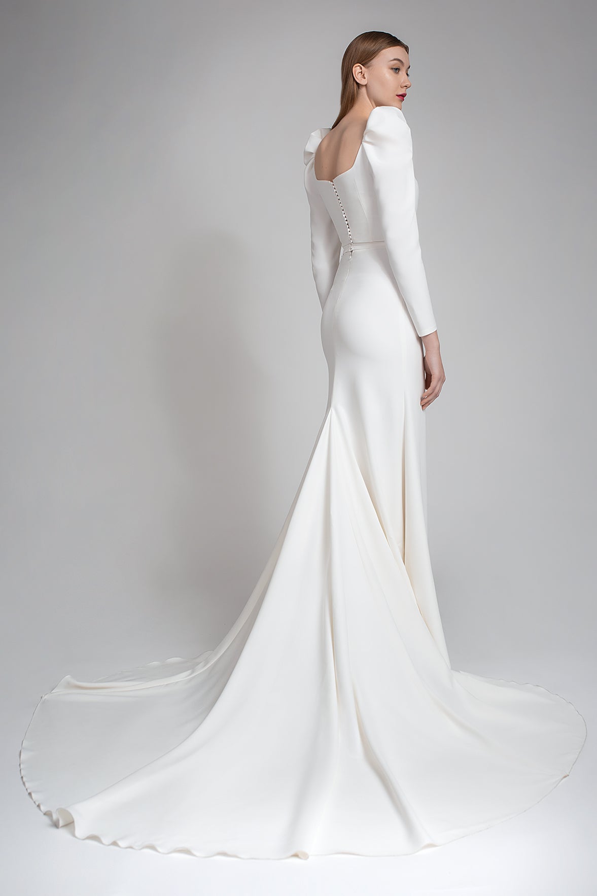 Crepe Fit & Flare Silhouette Wedding Dress With Long Long Sleeves Berta Custom (Plus Size) / Ivory Crepe Fit & Flare Silhouette Wedding Dress With Long Long Sleeves Berta Custom (Plus Size) / Ivory