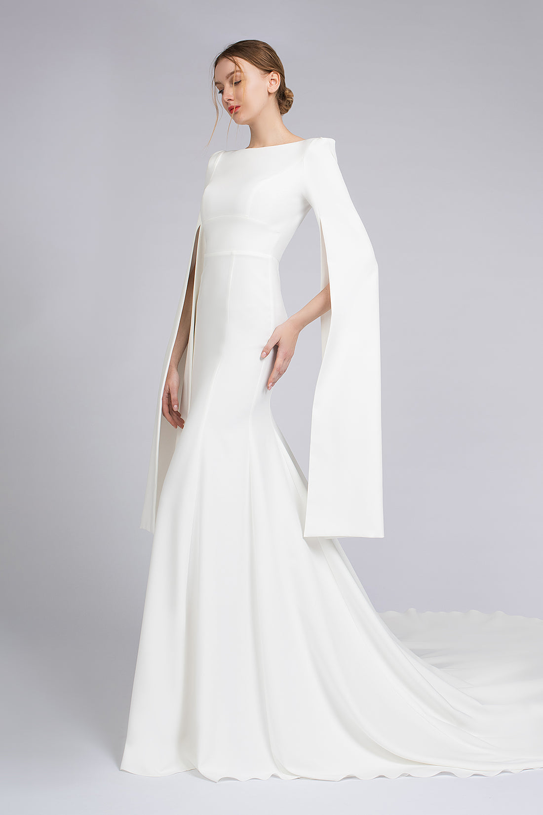 Crepe Mermaid Silhouette Wedding Dress With Long Cape Sleeves Ashlee