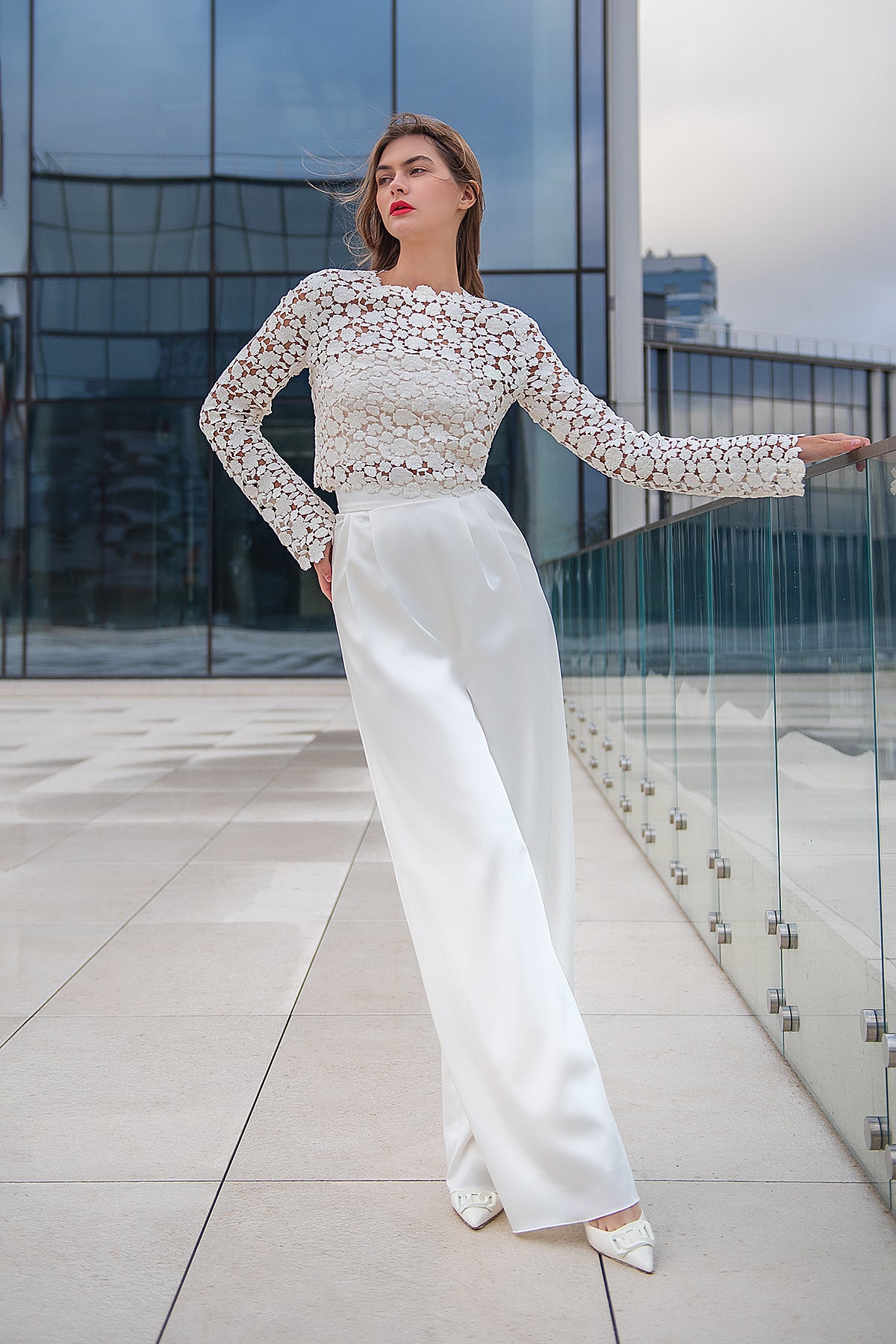Modern Lace Crop Top dress With Long Sleeves Top Aleksa 18 US (50 EU) / Ivory Modern Lace Crop Top dress With Long Sleeves Top Aleksa 18 US (50 EU) / Ivory