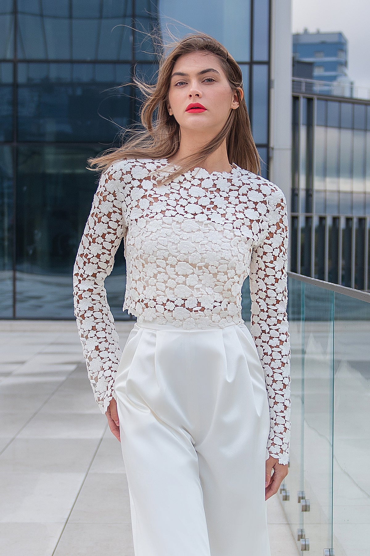 Modern Lace Crop Top dress With Long Sleeves Top Aleksa 18 US (50 EU) / Ivory