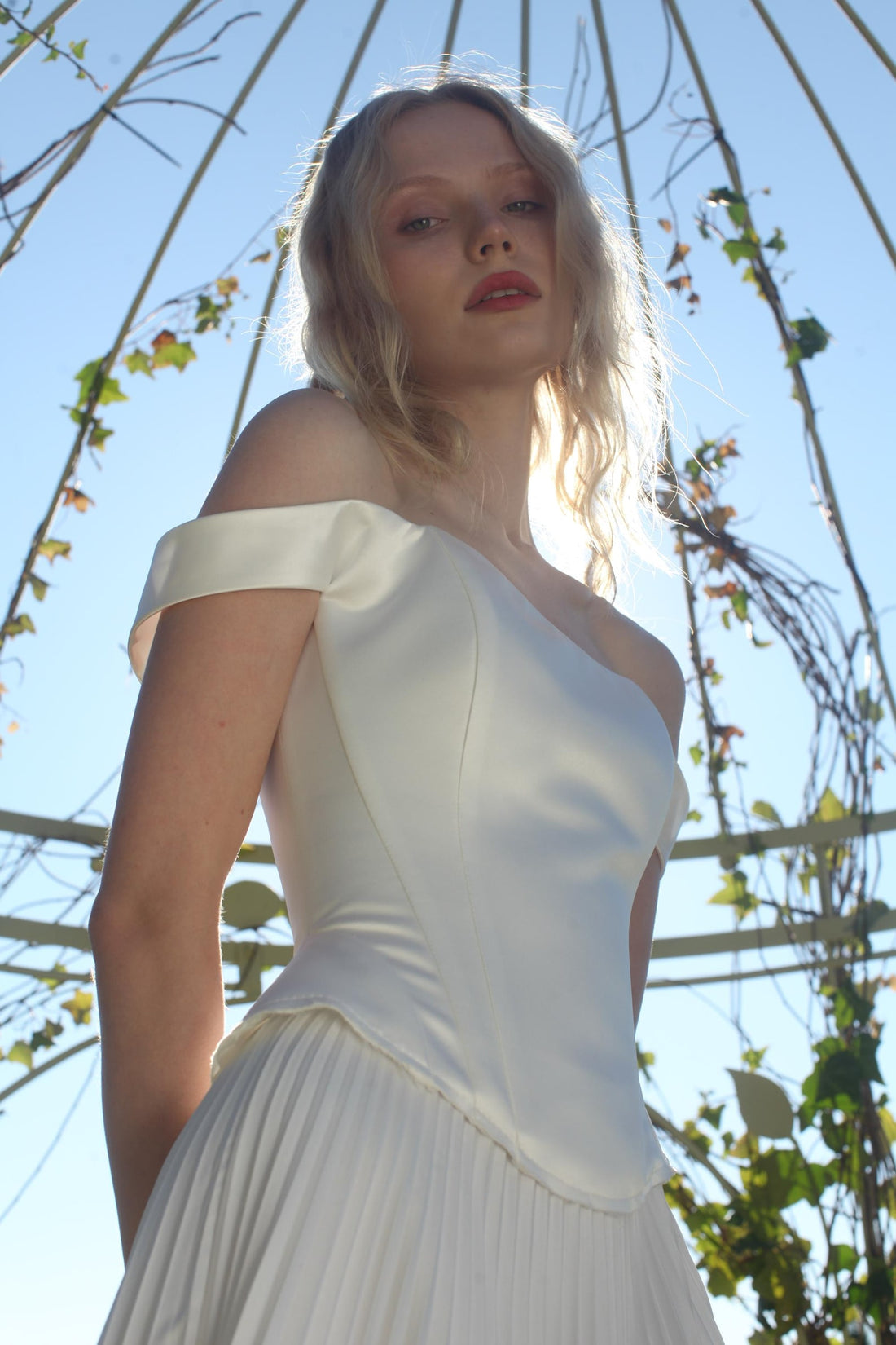Off-Shoulder Satin Basque Waist Corset Wedding Dress & Two Piece Bridal Gown with Pleated Skirt - Malva