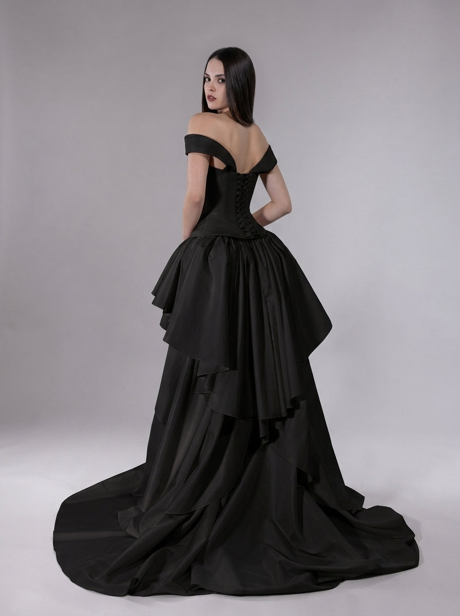 Gothic Black Taffeta Corset Wedding Dress | Avant-Garde Bridal Gown with Ribbon Lace-Up Back & Tiered Train | Sonara